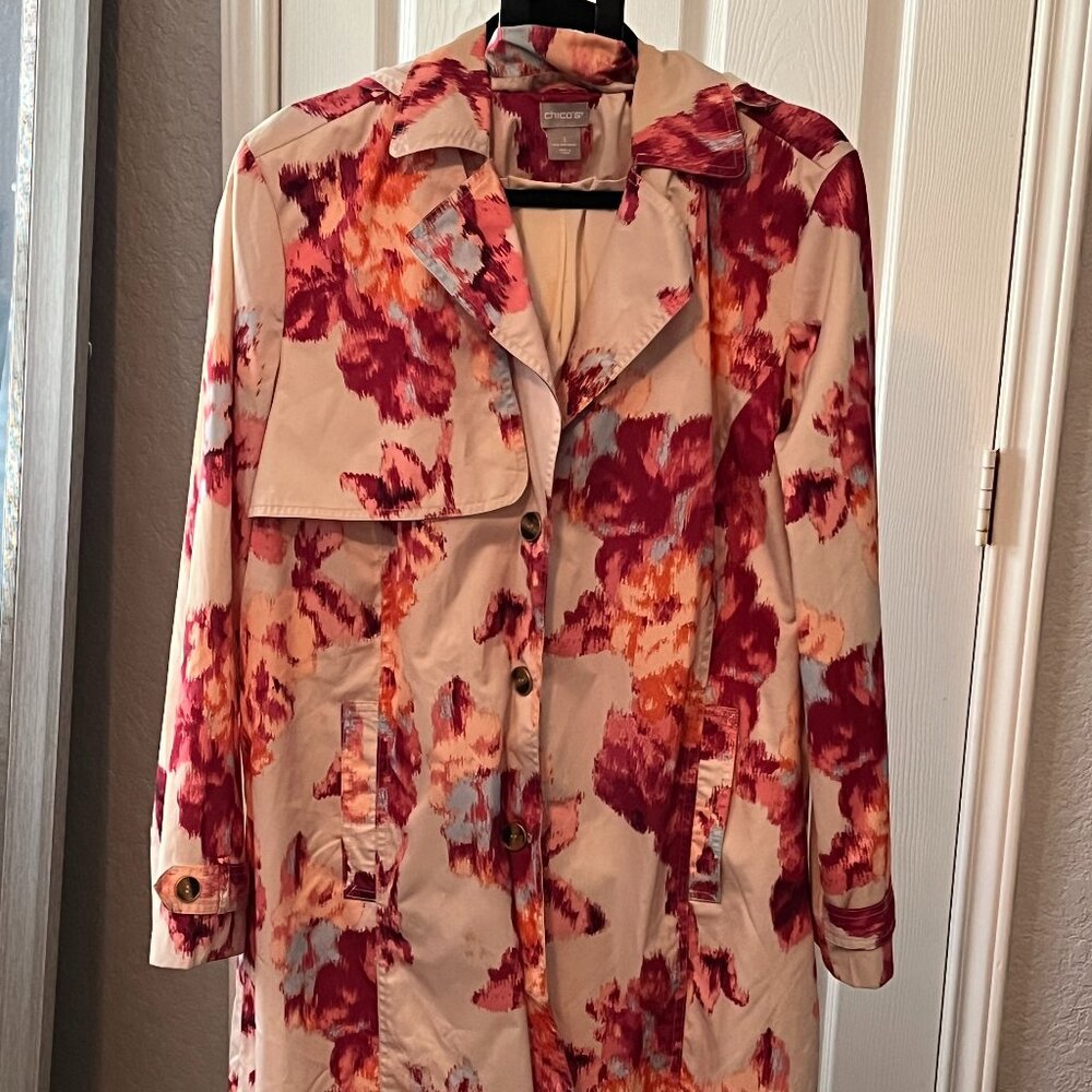 🌸 Chicos Floral Print Trench Coat with Hood - Size 3 (Fits 16/18) 🌸
